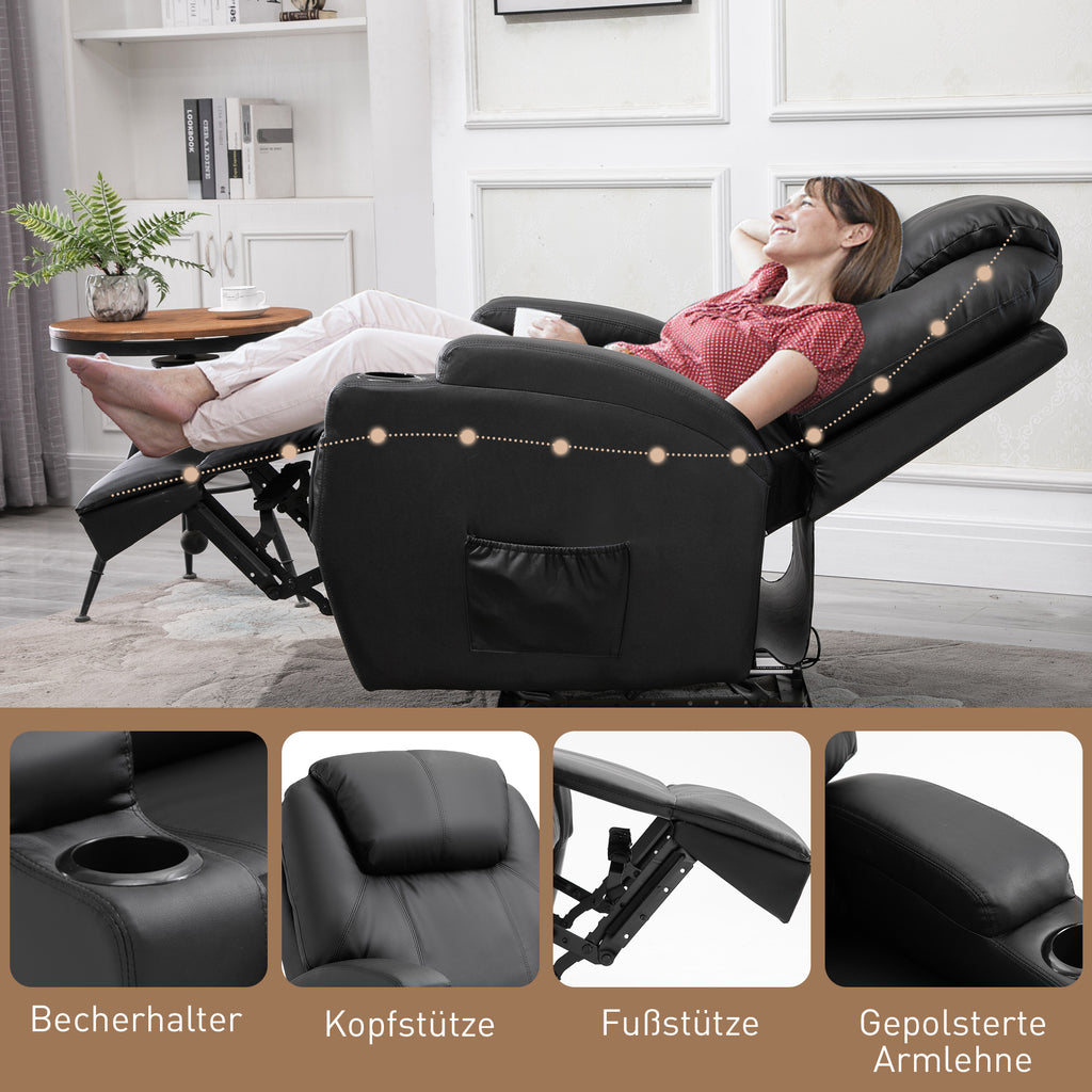 HOMCOM Massagesessel Elektrisch Relaxsessel Fernsehsessel Massagefunktion Liegefunktion TV-Sessel mit 2 Seitentaschen und Getränkehalter Kunstleder Schwarz 82 x 97 x 110 cm