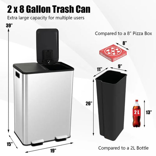 16-Gallon Dual-Bin Stainless Steel Kitchen Trash Can