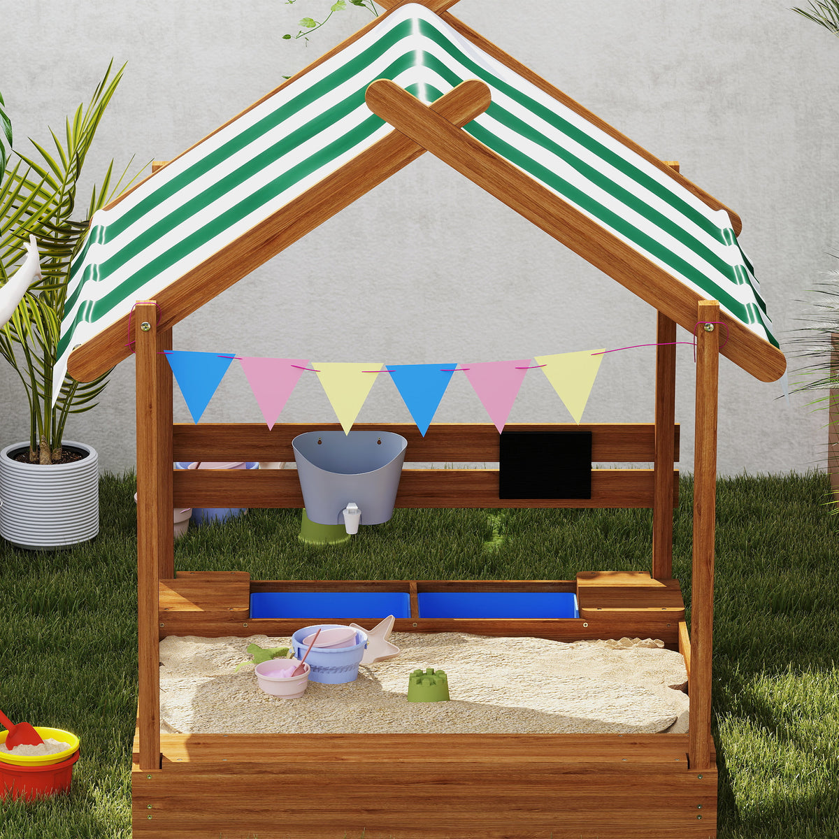 Outsunny Sandkasten mit Sonnenschutz, Spielhaus-Design, mit Spielzeug-Set, behandeltes Massivholz, 124 x 116 x 146 cm, Grün