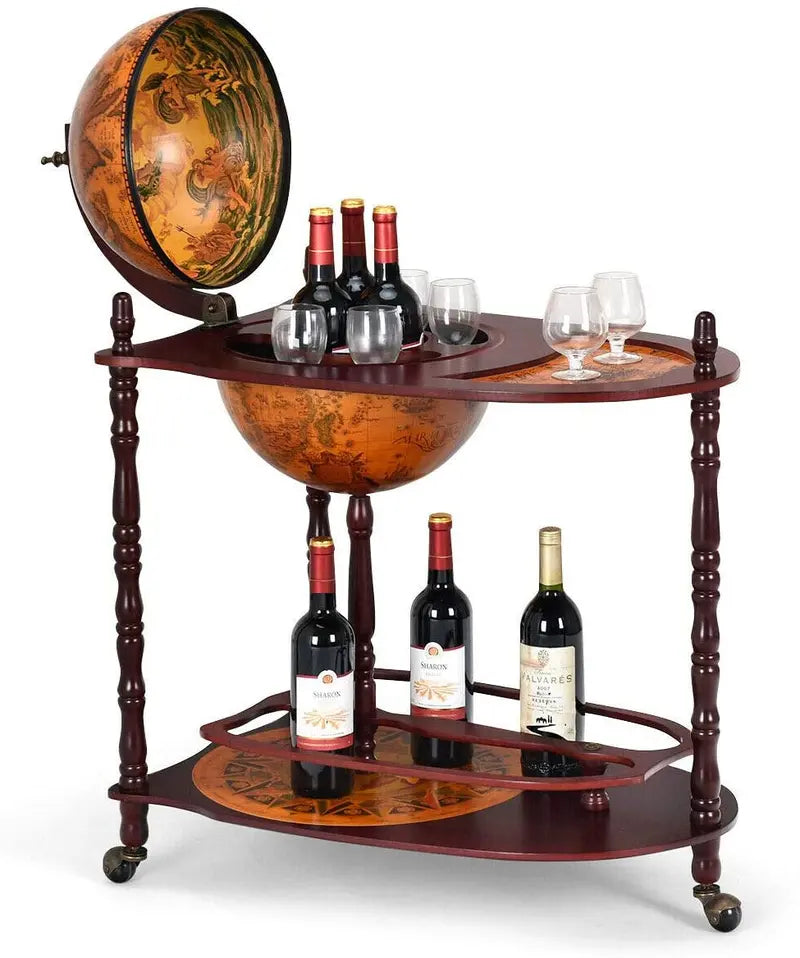 16th-Century Italian-Style Wine Bar Stand – 34-Inch Wood Globe Rack with Expanded Bottle Shelf