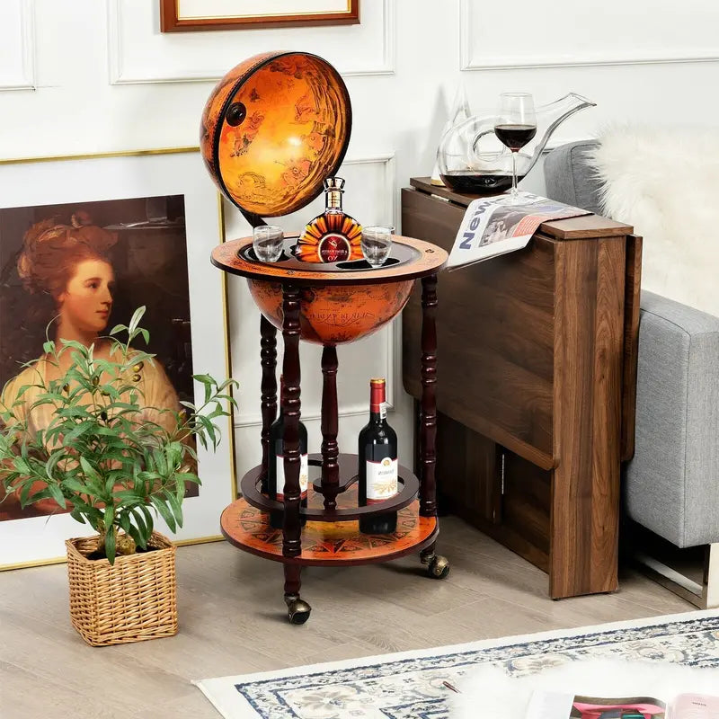 17-Inch Vintage-Style Wooden Wine Bar Stand – Italian-Inspired Liquor Rack with Casters and 16th-Century Aesthetic