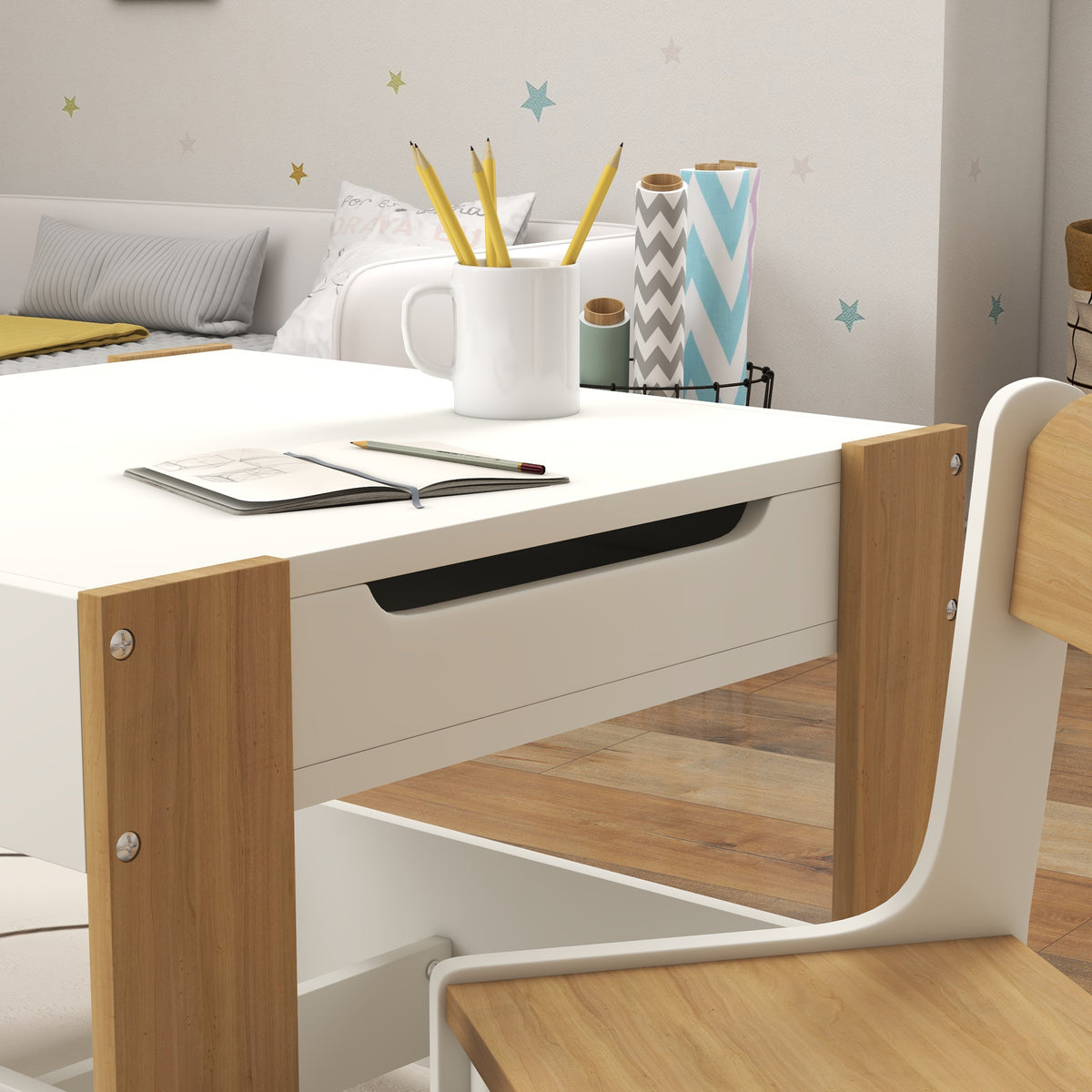 HOMCOM 3-teiliges Set Tisch und 2 Stühle für Kinder mit umdrehbarer Tischplatte, Tafel, Stauraumkorb